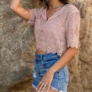 Joyfolie Raina Top in Desert Shell Soft Pink Collared Mesh Lace Blouse M/L NWT